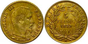 France 5 Franc, Gold, 1859, Napoleon III., ... 