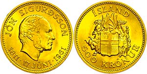 Iceland 500 coronas, Gold, 1961, Jon ... 