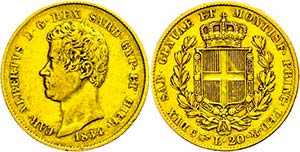 Italy Sardinia, 20 liras, Gold, 1834, Karl ... 