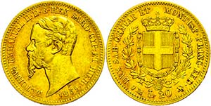 Italien Sardinien, 20 Lire, Gold, 1859, ... 