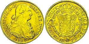 Kolumbien 8 Escudos, Gold, 1820, Ferdinand ... 