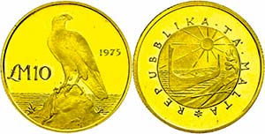 Malta 10 Pfund, Gold, 1975, Falke, Fb. 60, ... 