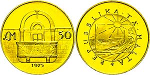 Malta 50 Pfund, Gold, 1975, Steinbalkon, Fb. ... 