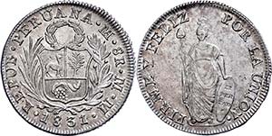 Peru 8 Real, 1831, MM Lima, KM 142.3, small ... 