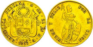 Peru 4 Escudos, Gold, 1853, MB Lima, KM ... 