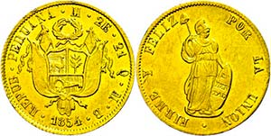 Peru 2 Escudos, Gold, 1854, Lima, MB, KM ... 