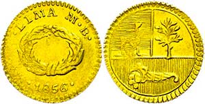 Peru 1/2 Escudo, Gold, 1856, Lima, MB, KM ... 