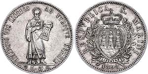 San Marino 5 liras, 1898, Dav. 302, tiny ... 