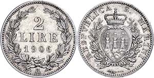 San Marino 2 Lire, 1906, KM 5, vz.  vz