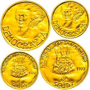 San Marino 1 und 2 Scudi, Gold, 1977, ... 