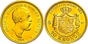 Sweden 10 coronas, Gold, 1876, Oskar II., ... 