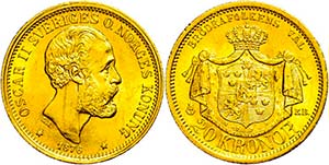 Sweden 20 coronas, Gold, 1876, Oskar II., ... 