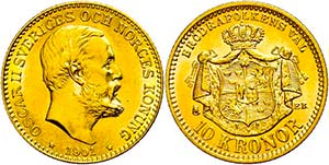 Sweden 10 coronas, Gold, 1901, Oskar II., ... 