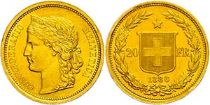 Switzerland 20 Franc, Gold, 1886, Fb. 495, ... 