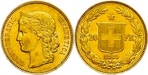 Switzerland 20 Franc, Gold, 1889, Fb. 495, ... 
