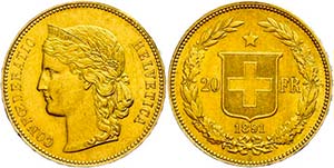 Switzerland 20 Franc, Gold, 1891, Fb. 495, ... 