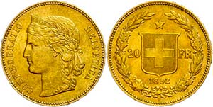 Switzerland 20 Franc, Gold, 1892, Fb. 495, ... 