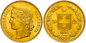 Switzerland 20 Franc, Gold, 1893, Fb. 495, ... 