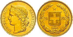 Switzerland 20 Franc, Gold, 1894, Fb. 495, ... 