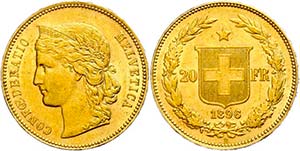Schweiz 20 Franken, Gold, 1896, Fb. 495, kl. ... 