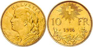 Switzerland 10 Franc, Gold, 1914, Fb. 504, ... 