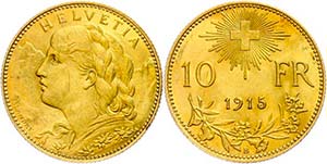 Switzerland 10 Franc, Gold, 1915, Fb. 503, ... 