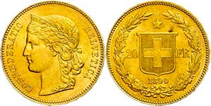 Switzerland 20 Franc, Gold, 1890, Fb. 495, ... 