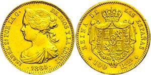 Spain 100 Real, 1864, Isabella II., Fb. 334, ... 