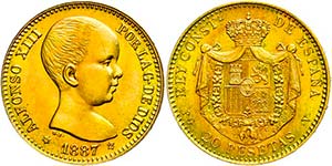 Spanien 20 Pesetas, Gold, 1887 (19-62), ... 