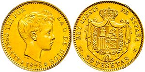 Spanien 20 Pesetas, Gold, 1896 (19-62), ... 