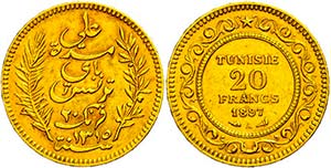 Coins Tunesia 20 Franc, Gold, 1897, Ali by, ... 