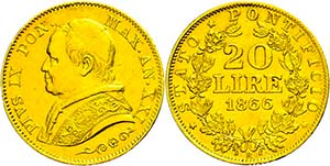  20 liras, Gold, 1866, Pius IX, Fb. 280, ... 