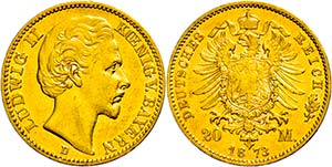 Bavaria 20 Mark, 1872, Ludwig II., tiny edge ... 