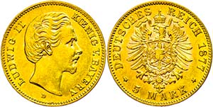 Bavaria 5 Mark, 1877, Ludwig II., extremley ... 
