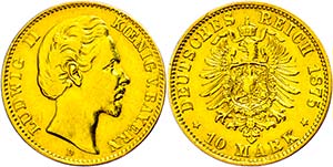 Bayern 10 Mark, 1875, Ludwig II., kl. Rf., ... 