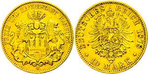 Hamburg 10 Mark, 1878, small edge nick and ... 