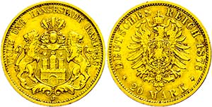Hamburg 20 Mark, 1876, kl. Rf., ss., ... 