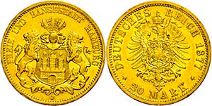 Hamburg 20 Mark, 1877, kl. Rf., ss., ... 