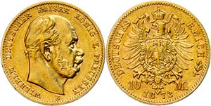 Prussia 10 Mark, 1873, B, Wilhelm I., small ... 