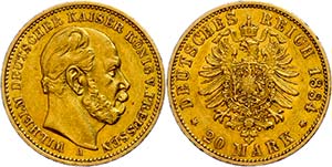 Prussia 20 Mark, 1884, A, Wilhelm I., tiny ... 