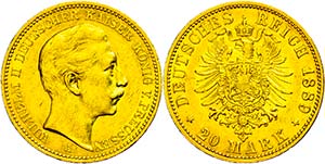 Prussia 20 Mark, 1889, A, Wilhelm I., tiny ... 