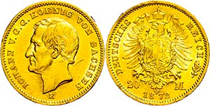 Sachsen 20 Mark, 1872, Johann, kl. Rf., f. ... 