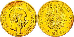 Sachsen 5 Mark, 1877, Albert, ss., Katalog: ... 