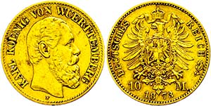 Württemberg 10 Mark, 1873, Karl, tiny edge ... 