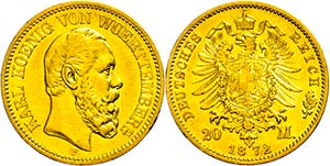 Württemberg 20 Mark, 1872, Karl, small edge ... 