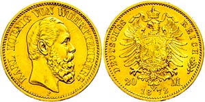 Württemberg 20 Mark, 1872, Karl, tiny edge ... 