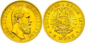 Württemberg 10 Mark, 1877, Karl, very fine ... 