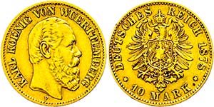 Württemberg 10 Mark, 1878, Karl, wz. Rf., ... 