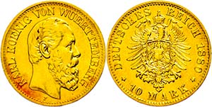 Württemberg 10 Mark, 1880, Karl, kl. Rf., ... 