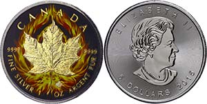 Canada 5 Dollars, 2015, Burning Maple Leaf, ... 
